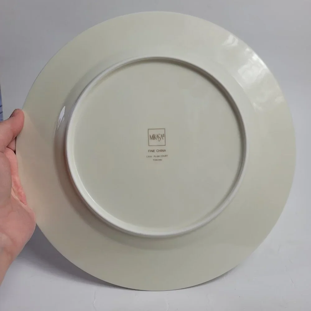 TWO Mikasa Plum L3132 Court Dinner Plates White with Purple Plums Green Leaves